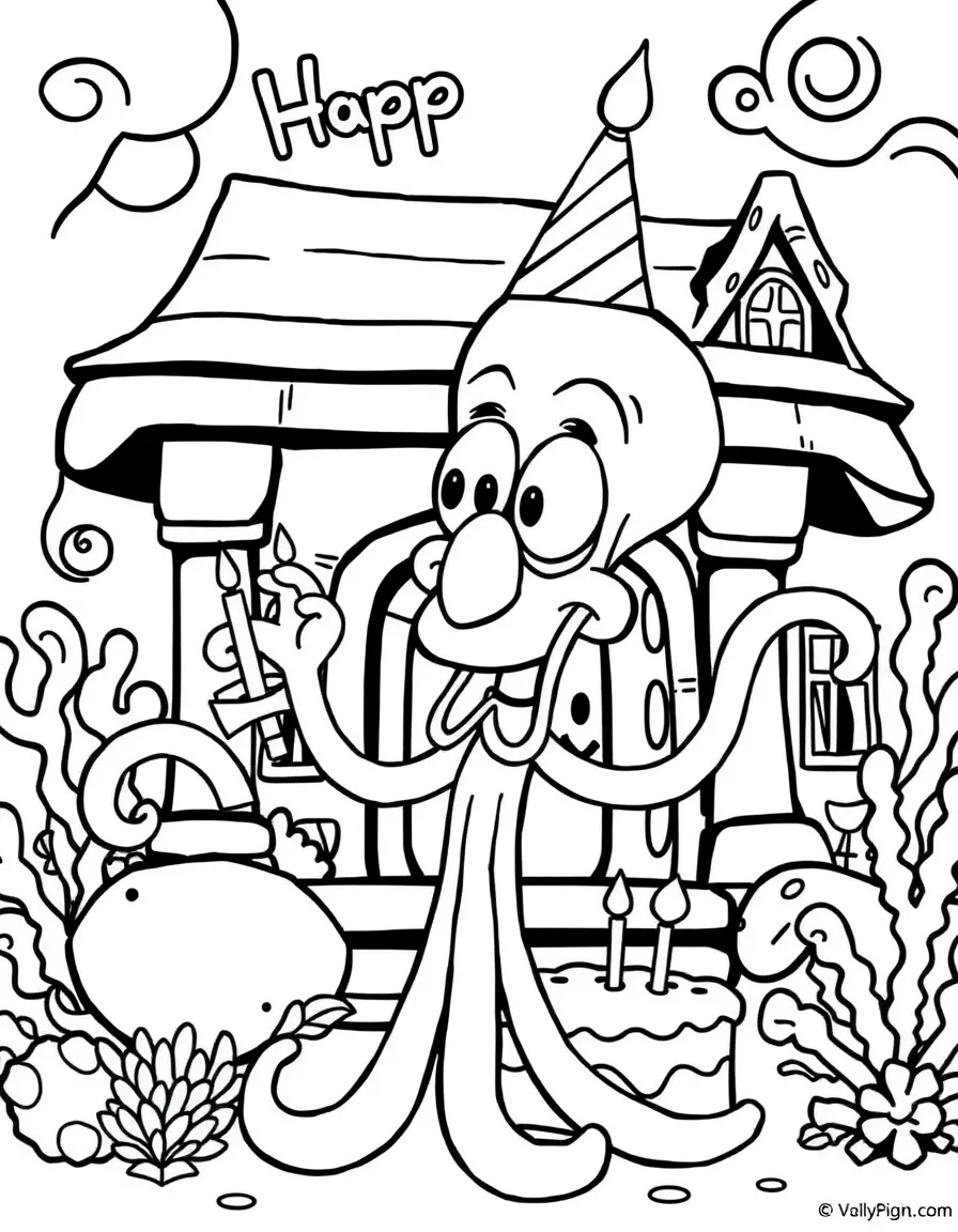 Squidward Tentacles celebrating a birthday, in front of their famous house or scene.
