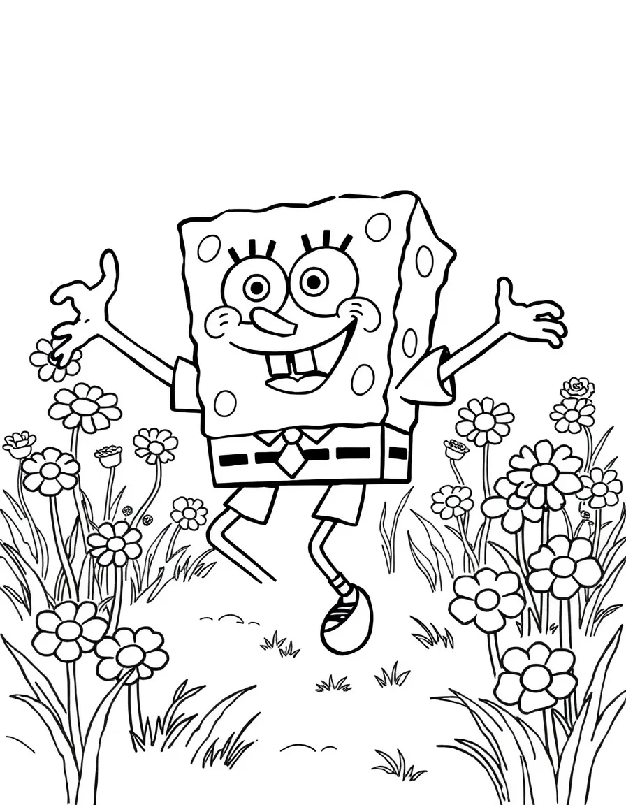 SpongeBob SquarePants dancing in a field of flowers, with big bold outlines for easy coloring.