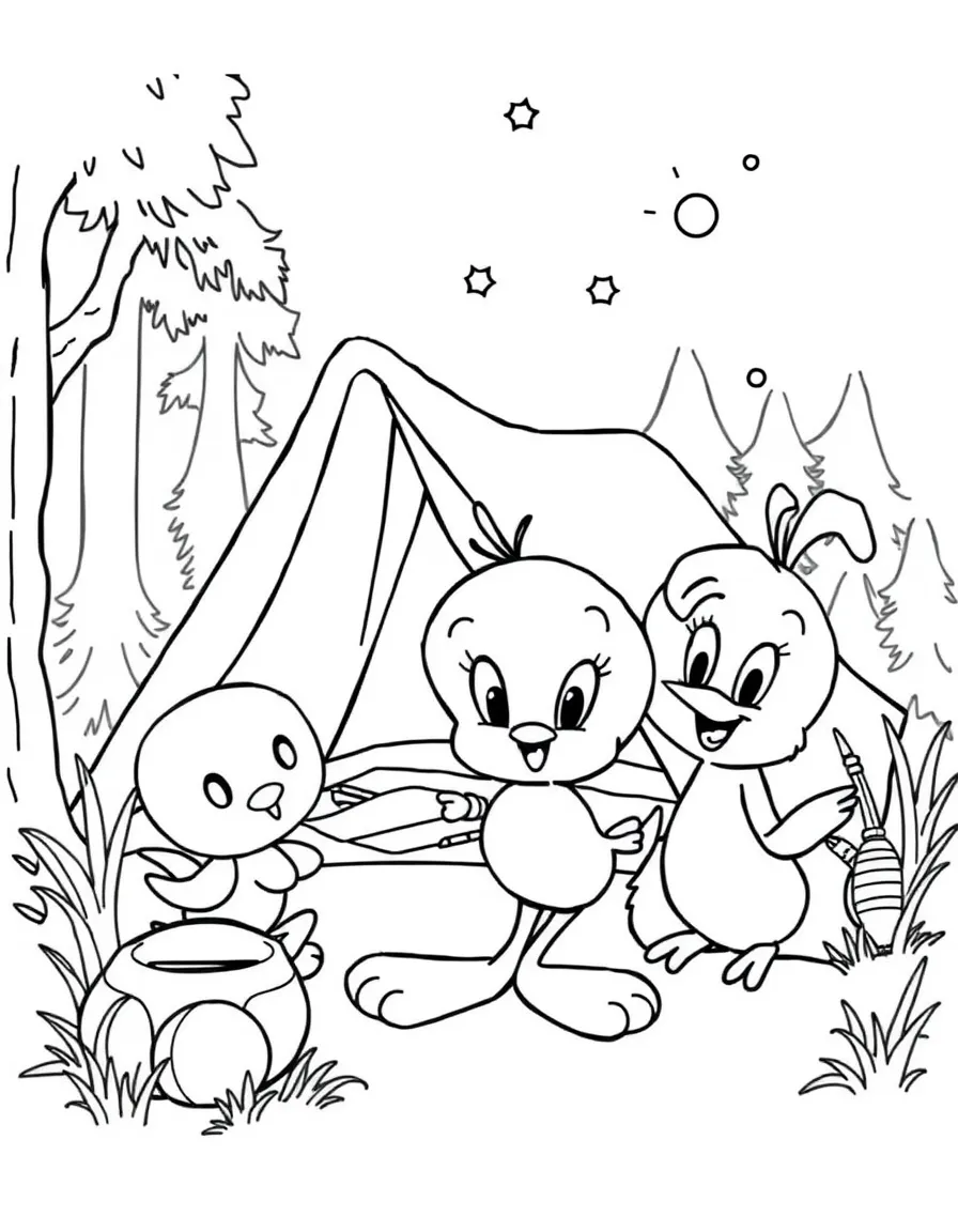 Tweety Bird camping with friends, with big bold outlines for easy coloring.