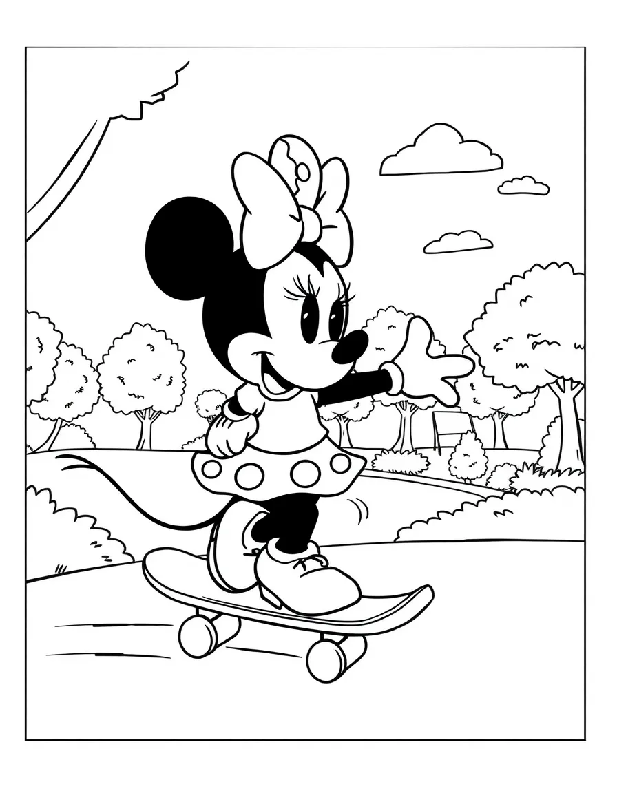 Minnie Mouse skateboarding in the park, inside a comic book frame.