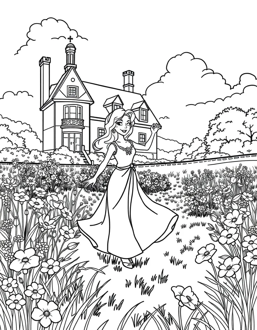 Daphne dancing in a field of flowers, in front of their famous house or scene.