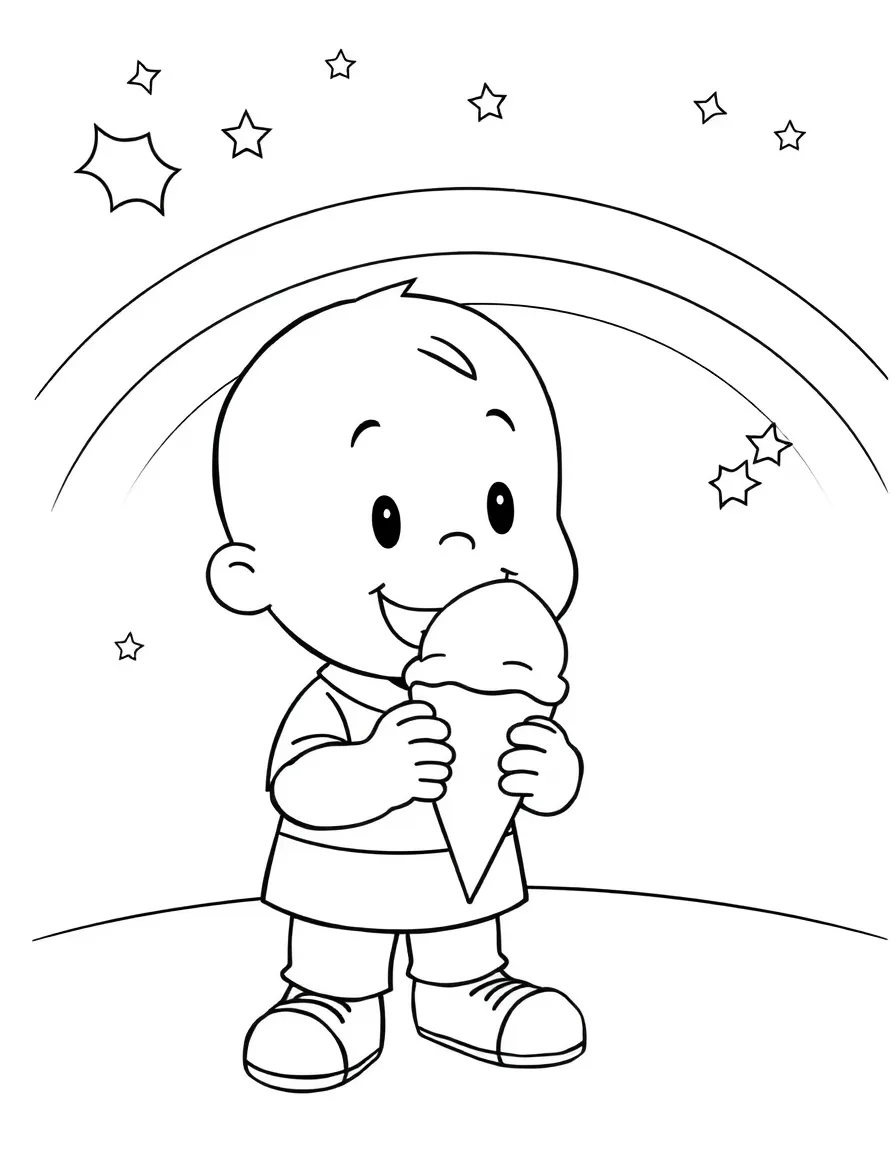 Caillou enjoying an ice cream cone, with stars and rainbows in the background.