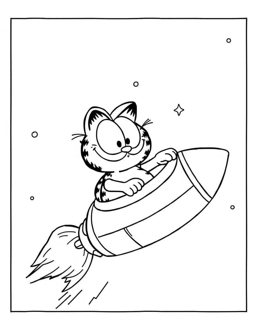 Garfield exploring space in a rocket, inside a comic book frame.