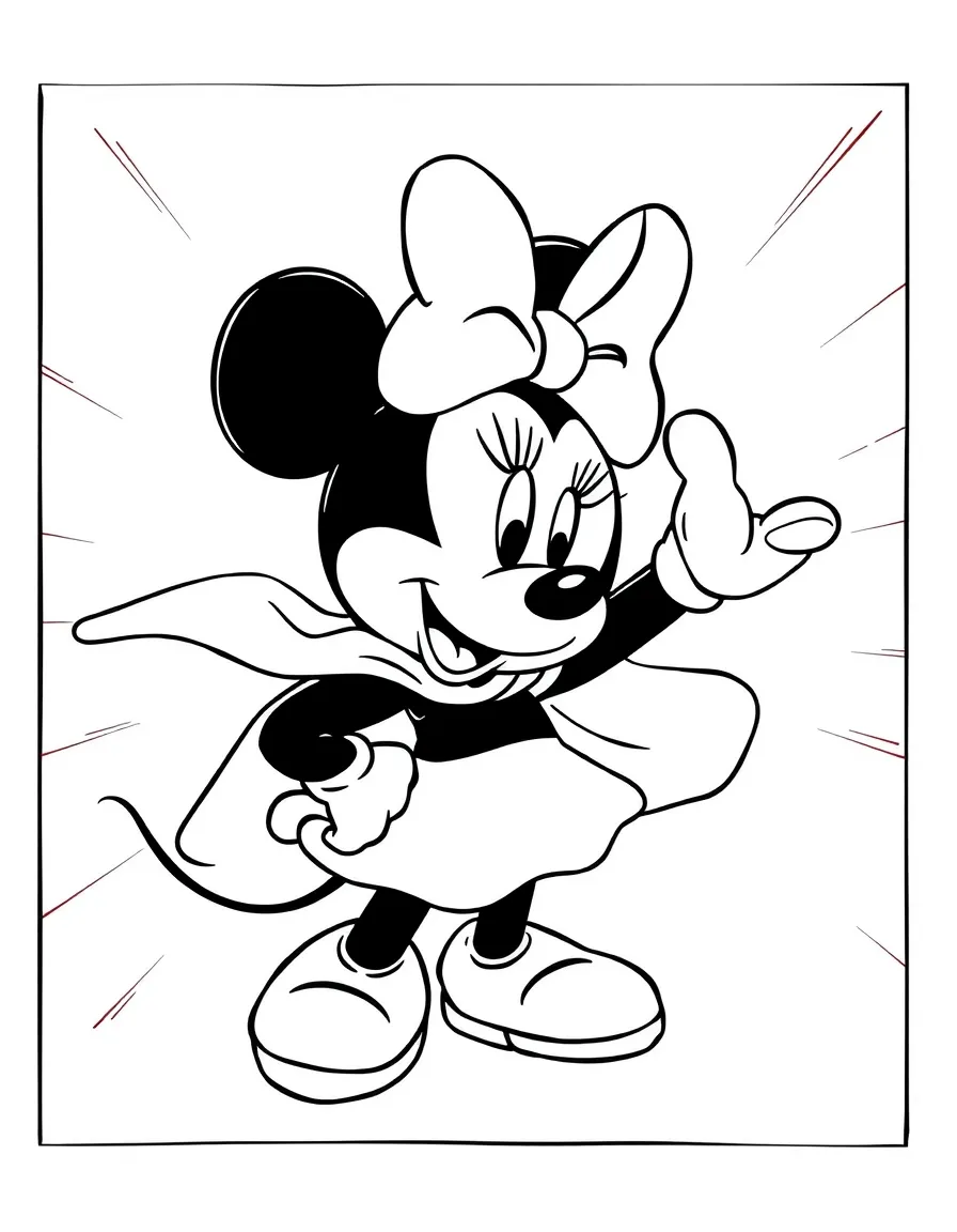 Minnie Mouse wearing a superhero costume, inside a comic book frame.