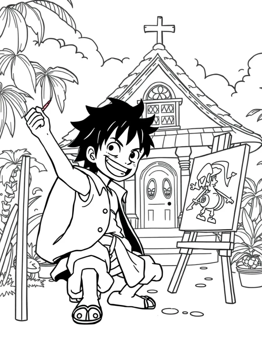 Luffy painting a picture, in front of their famous house or scene.