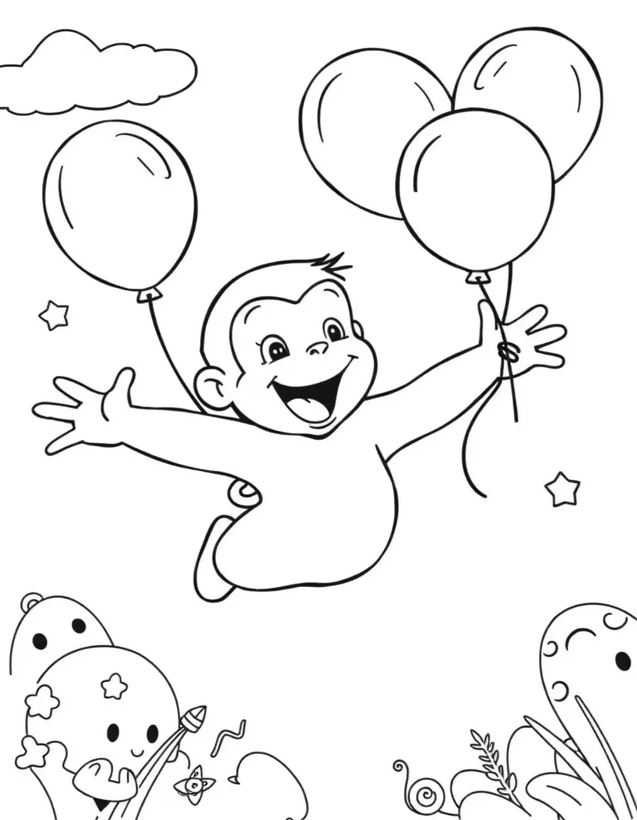 Curious George flying with balloons, with fun background elements.