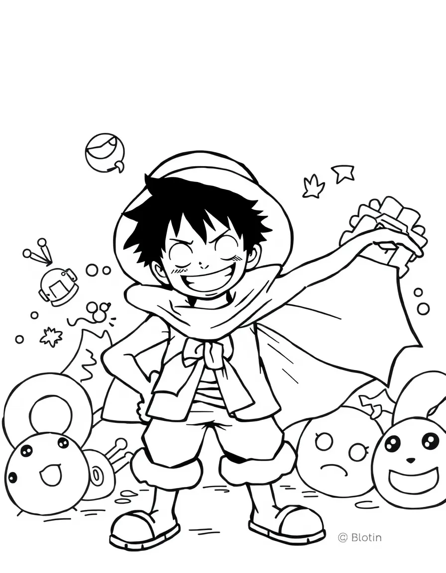 Luffy wearing a superhero costume, with fun background elements.