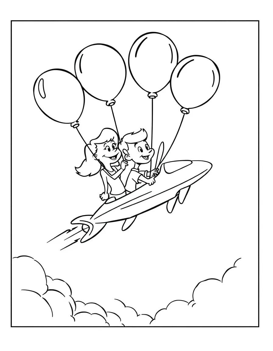 The Jetsons flying with balloons, inside a comic book frame.