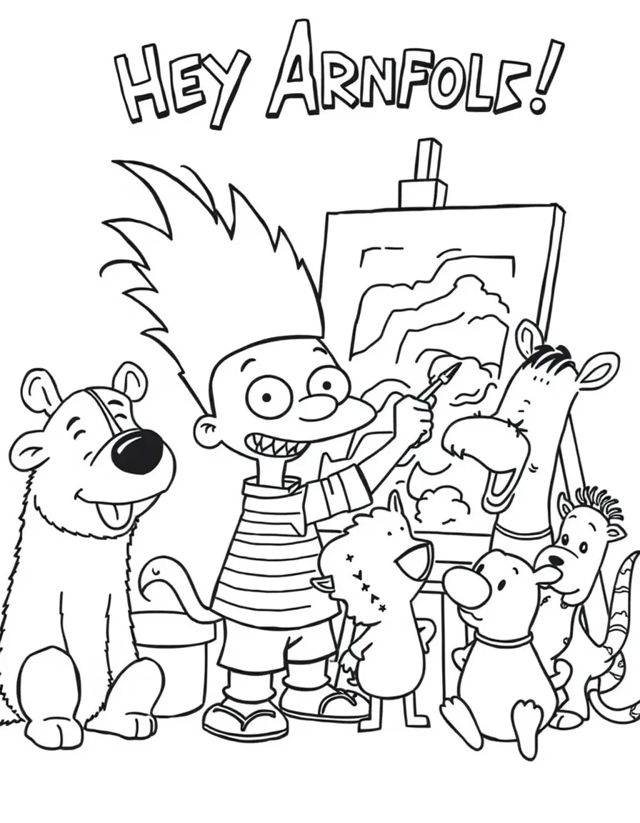 Hey Arnold! painting a picture, surrounded by friendly animals.