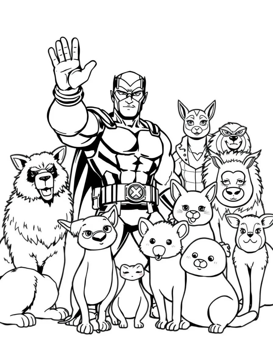 X-Men waving hello, surrounded by friendly animals.