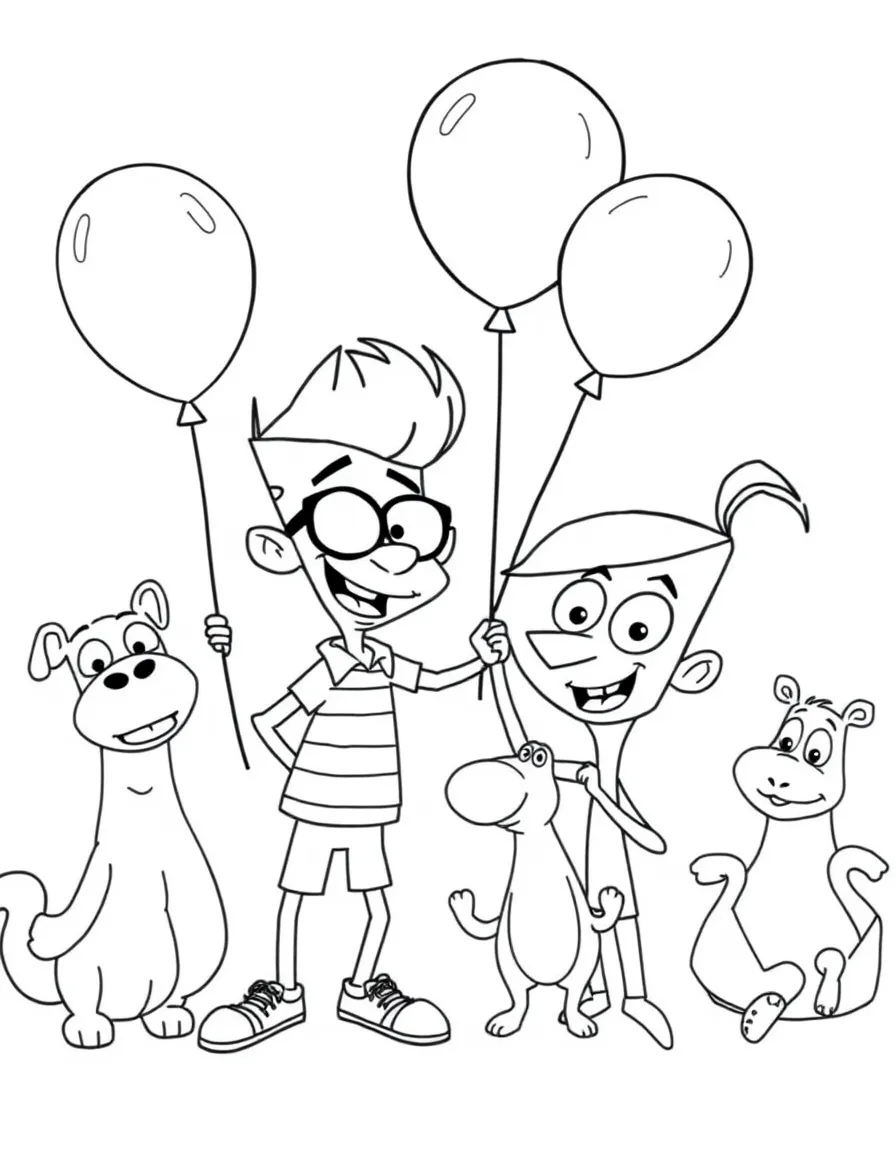 Phineas and Ferb playing with balloons, surrounded by friendly animals.