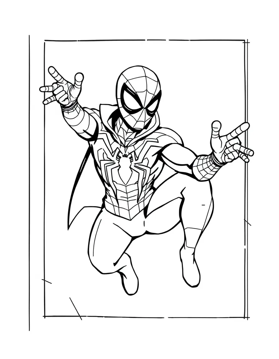 Spider-Man wearing a superhero costume, inside a comic book frame.