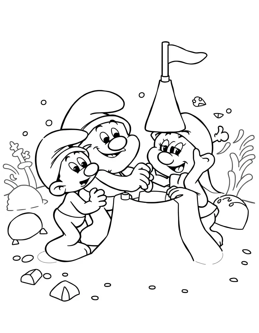 The Smurfs building a sandcastle, with fun background elements.