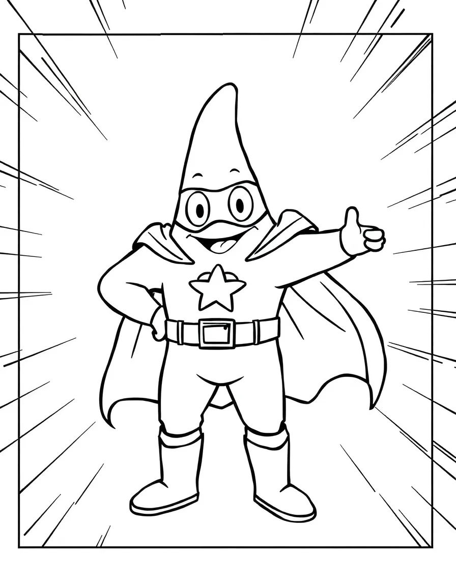 Patrick Star wearing a superhero costume, inside a comic book frame.