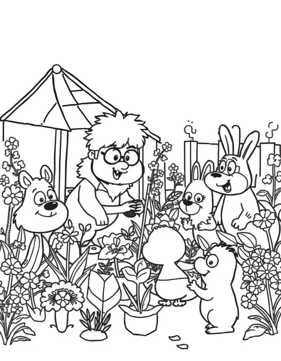 Regular Show gardening, surrounded by friendly animals.