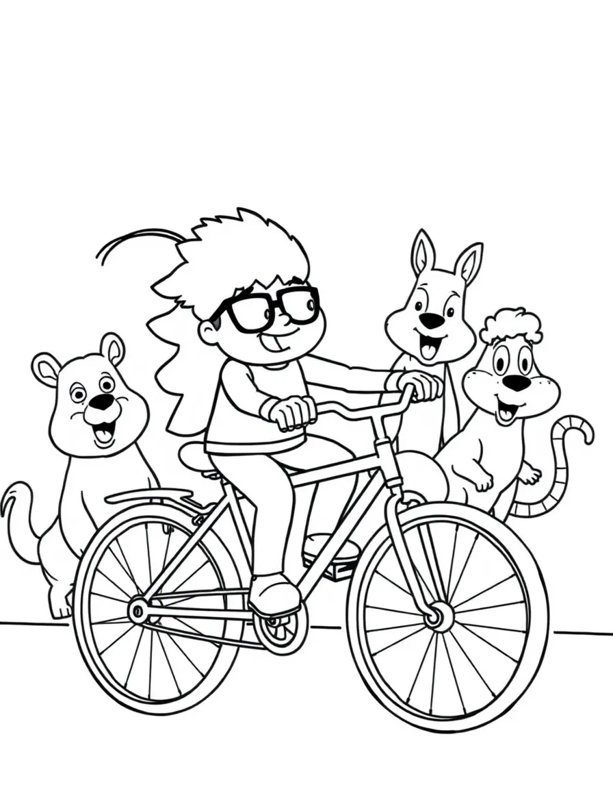 Regular Show riding a bicycle, surrounded by friendly animals.