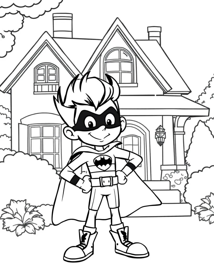 Jimmy Neutron wearing a superhero costume, in front of their famous house or scene.