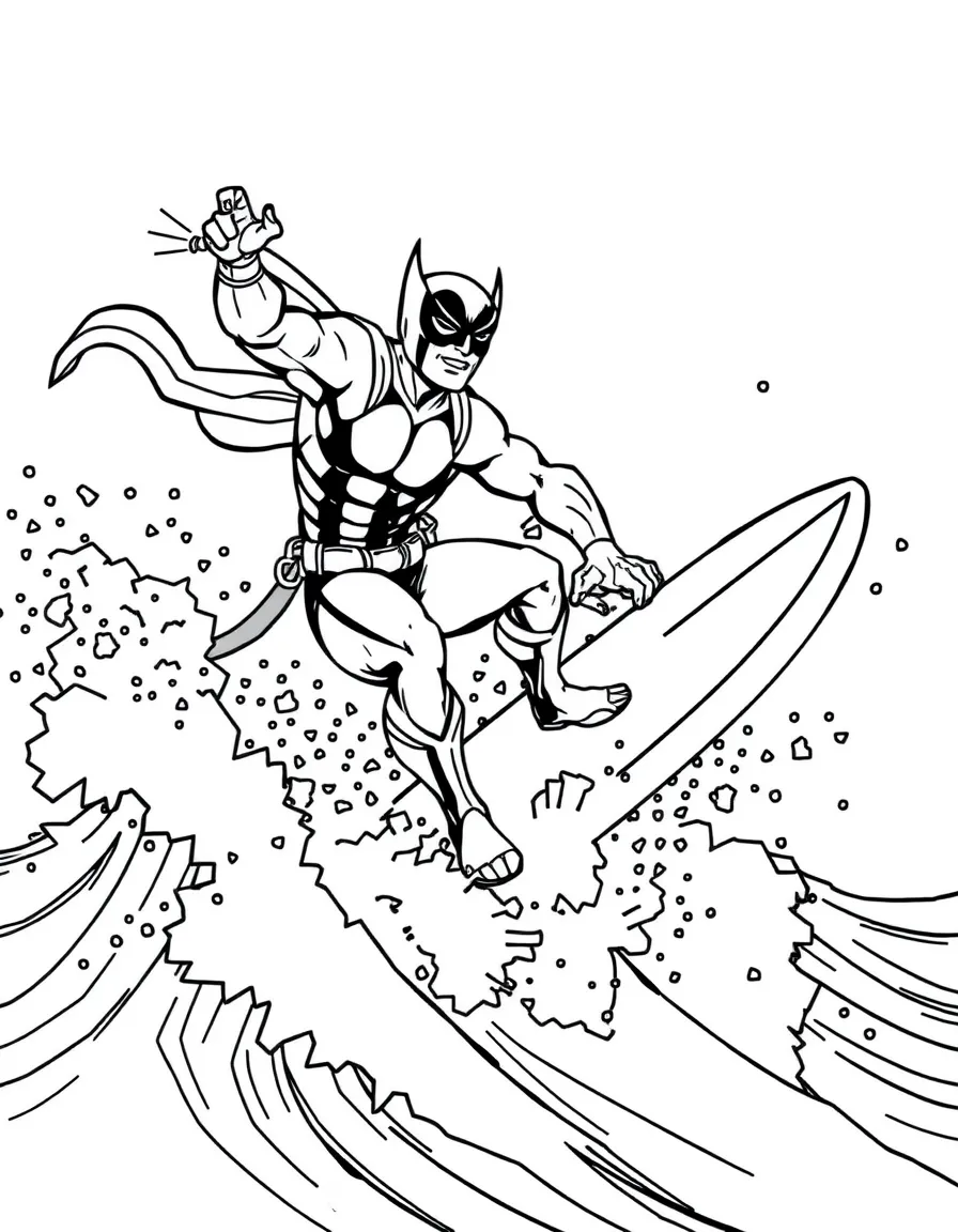 X-Men surfing on waves, with fun background elements.