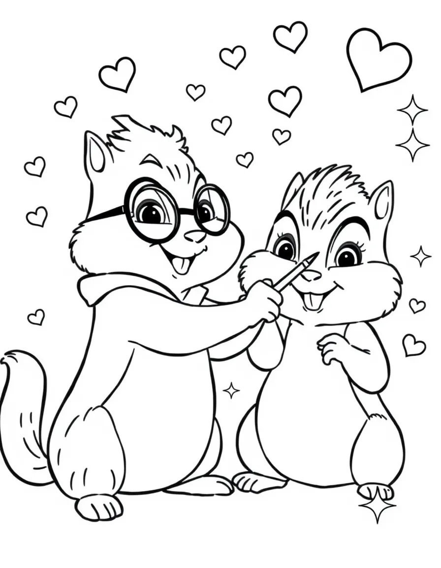 Alvin and the Chipmunks painting a picture, with hearts and sparkles around.