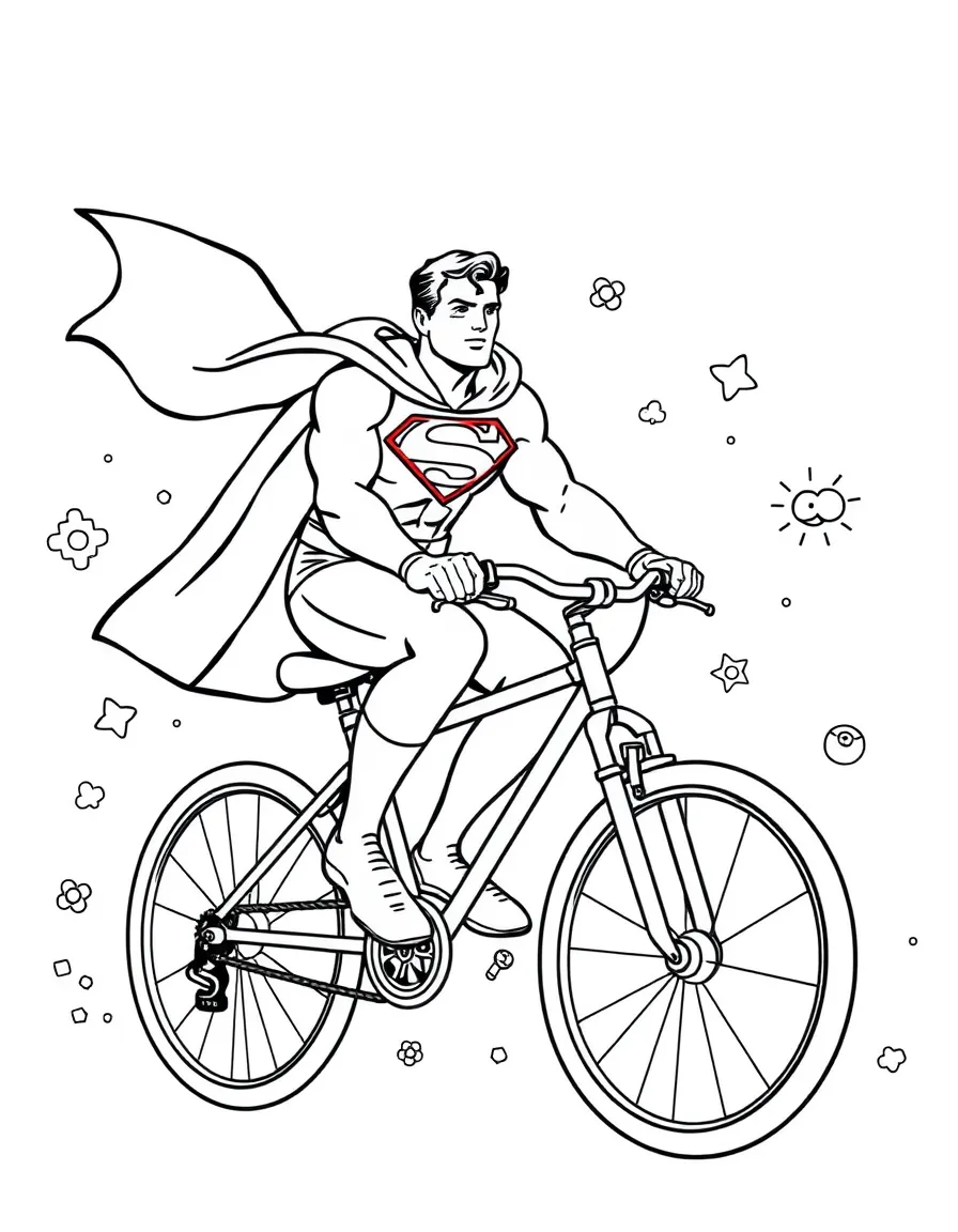 Superman riding a bicycle, with playful patterns around.