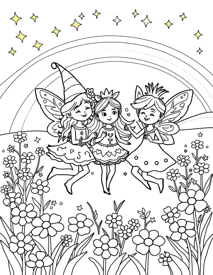 Fairly OddParents dancing in a field of flowers, with stars and rainbows in the background.