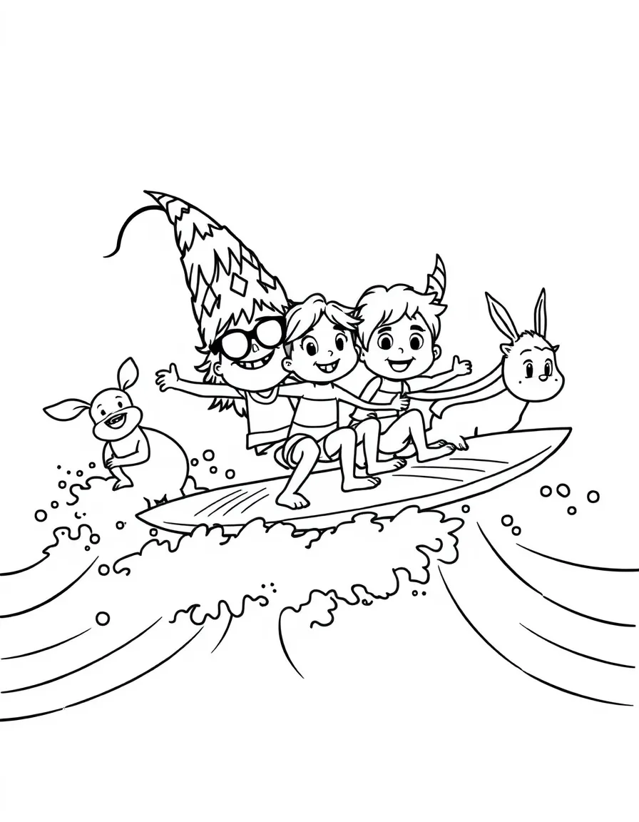 Fairly OddParents surfing on waves, surrounded by friendly animals.