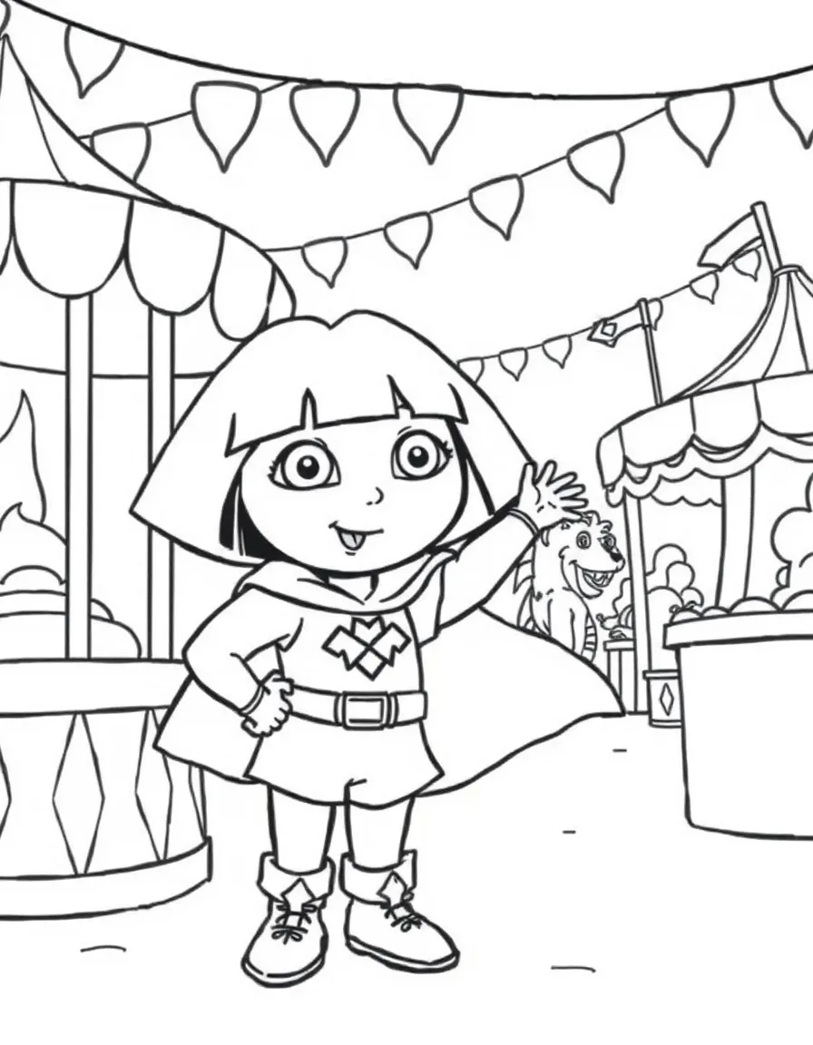 Dora the Explorer wearing a superhero costume, at a carnival with colorful decorations.