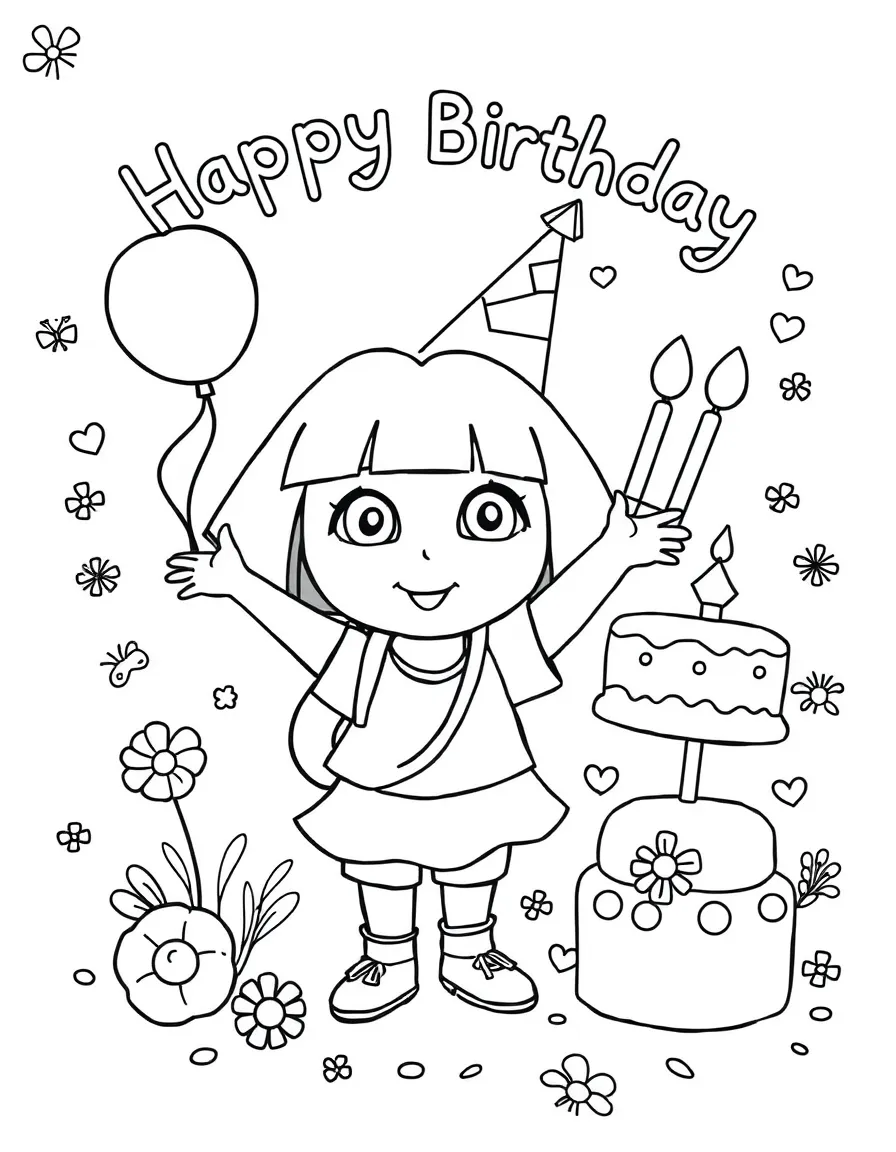 Dora the Explorer celebrating a birthday, with playful patterns around.