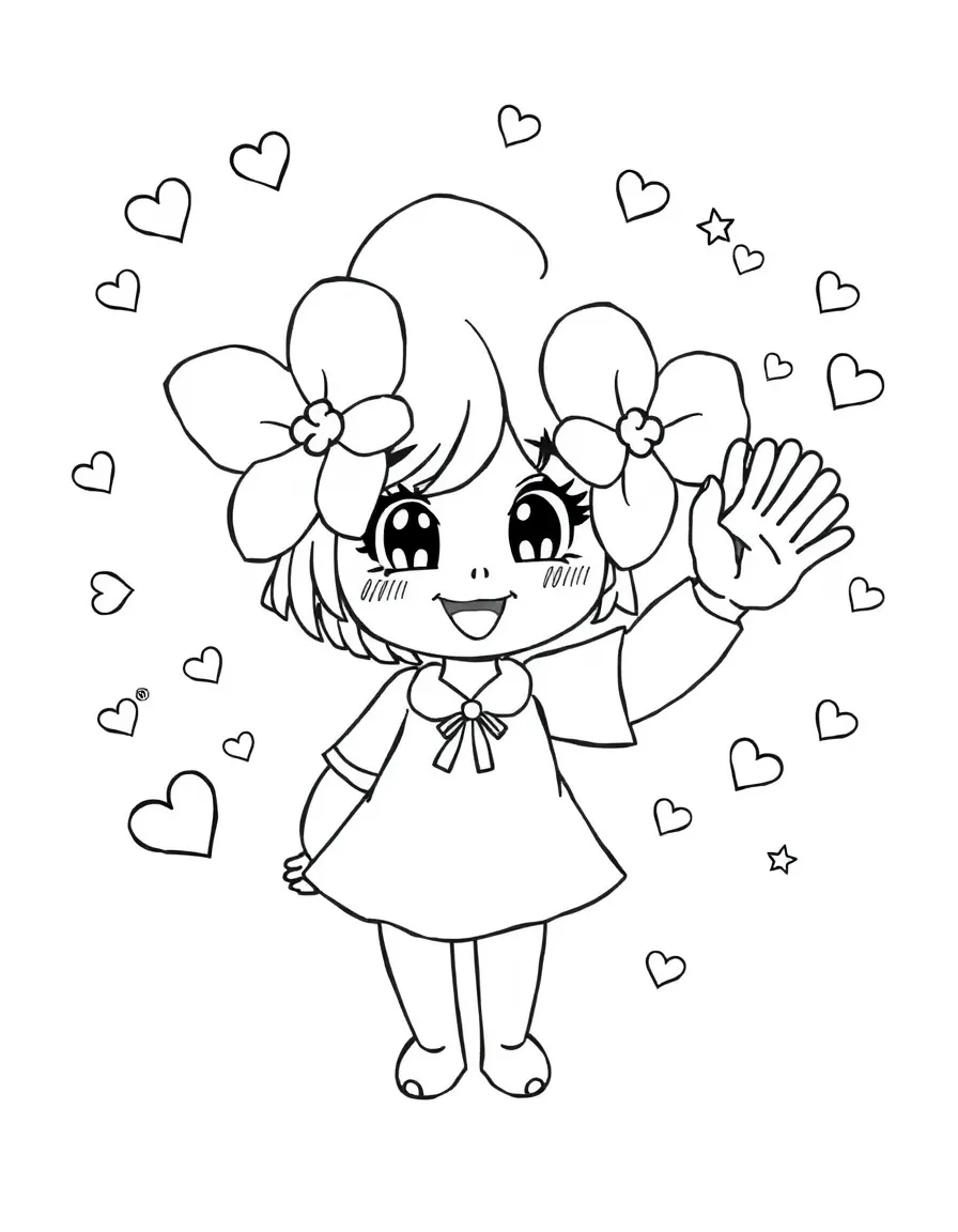 Sakura waving hello, with hearts and sparkles around.