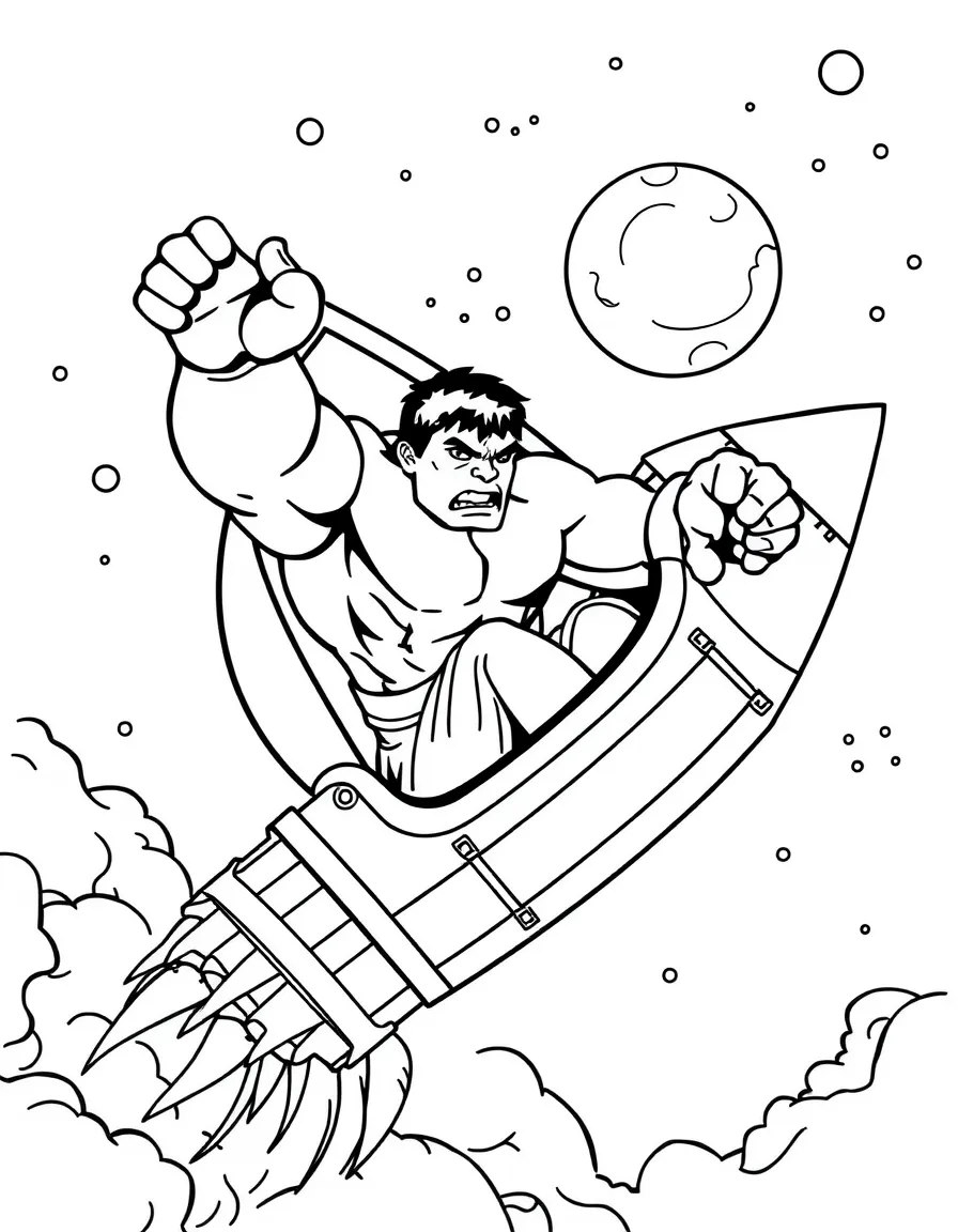 Hulk exploring space in a rocket, with big bold outlines for easy coloring.