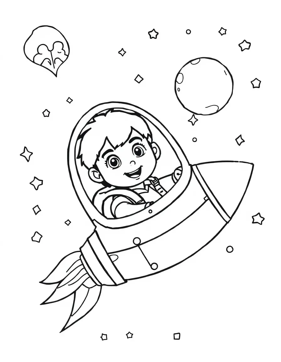 Diego exploring space in a rocket, with playful patterns around.