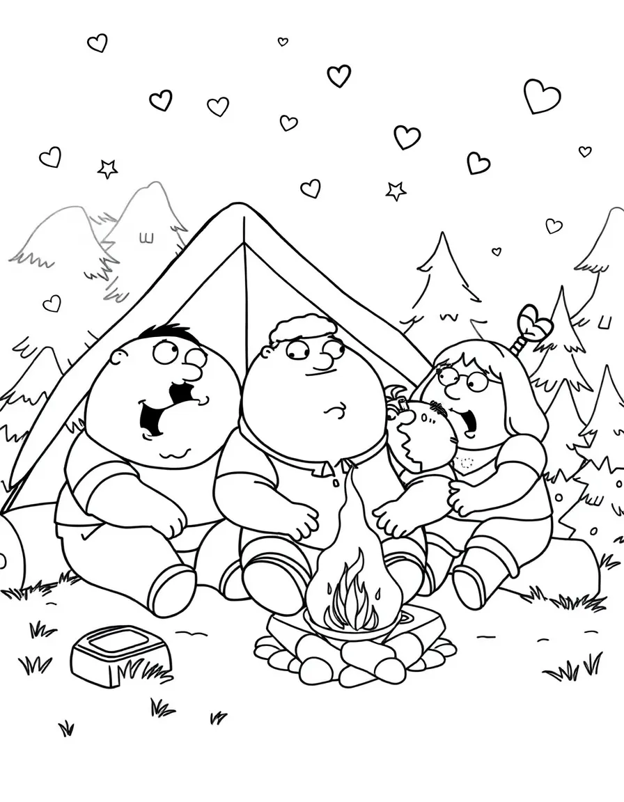 Family Guy camping with friends, with hearts and sparkles around.