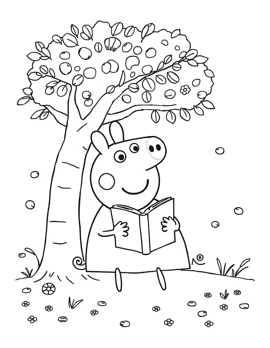 Peppa Pig reading a book under a tree, with playful patterns around.