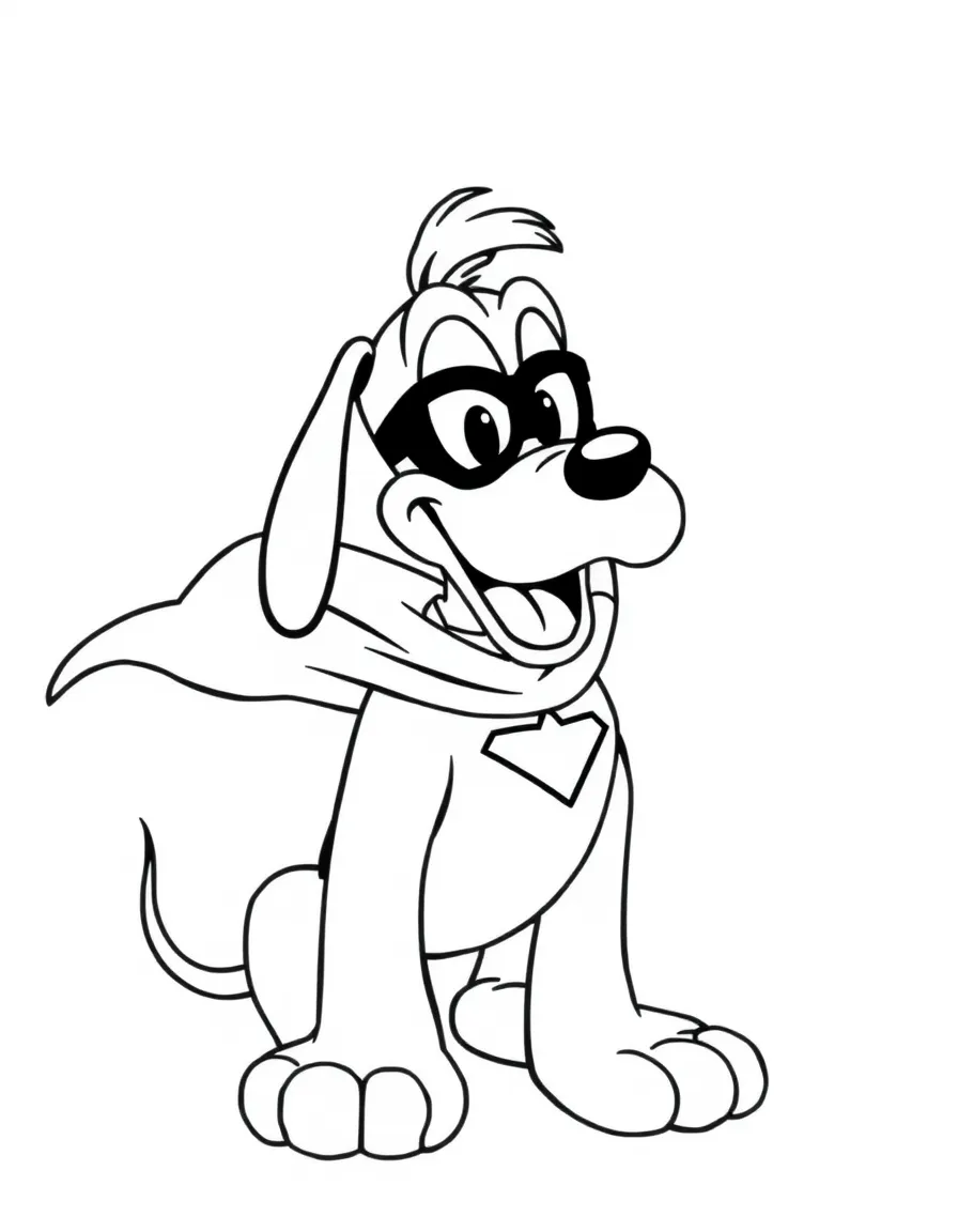Pluto wearing a superhero costume, with big bold outlines for easy coloring.