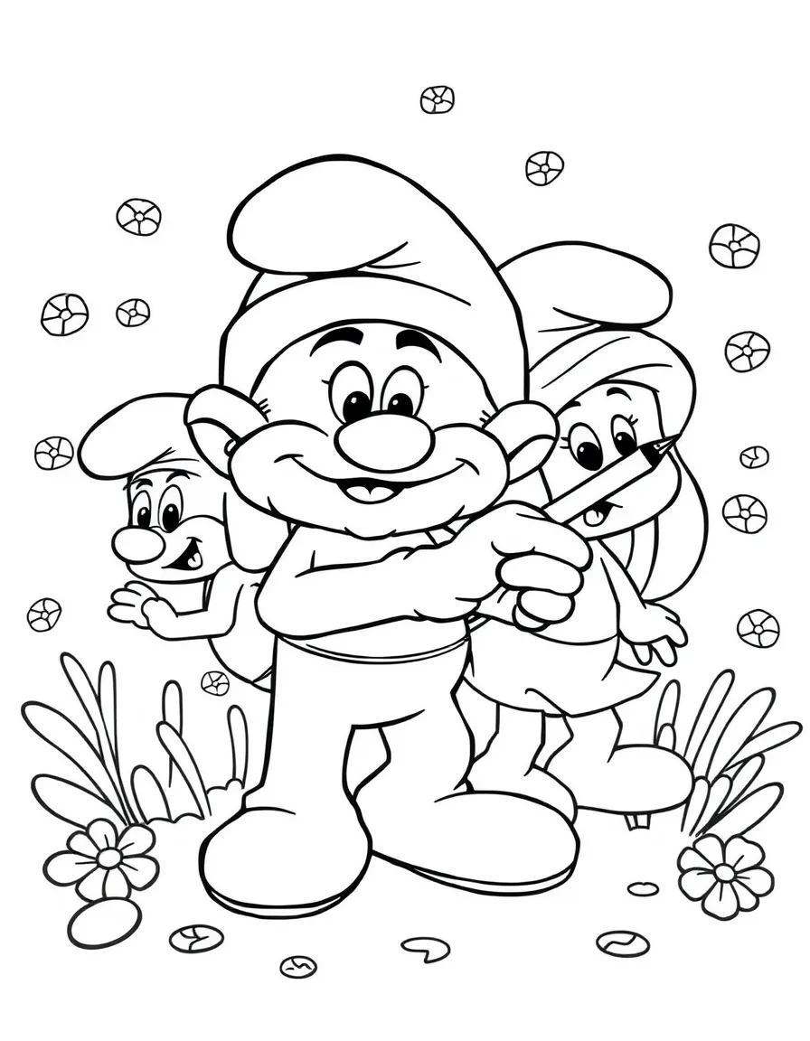 The Smurfs painting a picture, with playful patterns around.