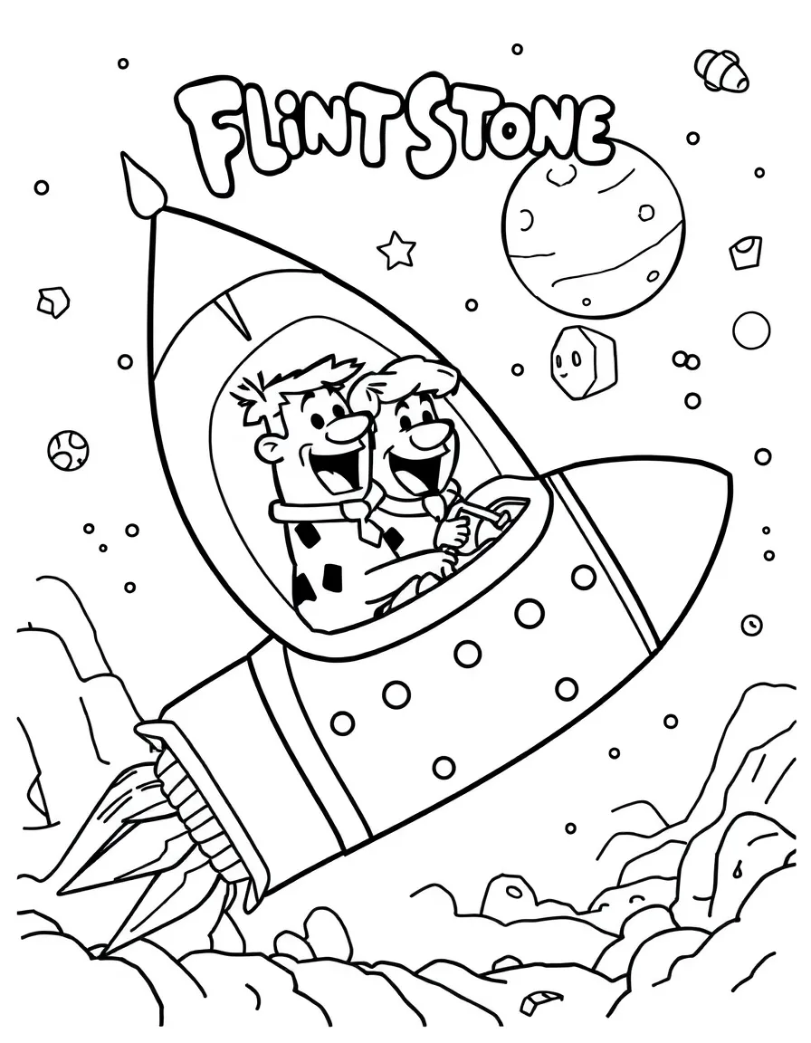 The Flintstones exploring space in a rocket, with fun background elements.