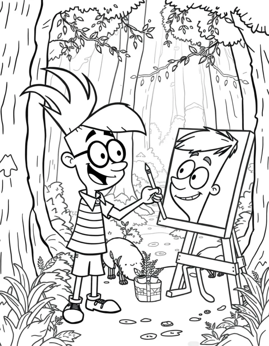 Phineas and Ferb painting a picture, in a magical forest setting.