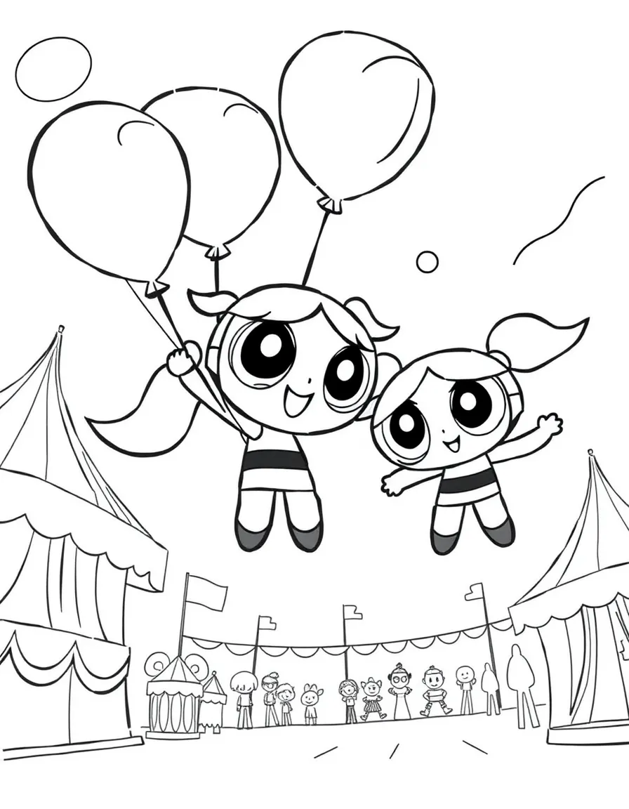 Powerpuff Girls flying with balloons, at a carnival with colorful decorations.