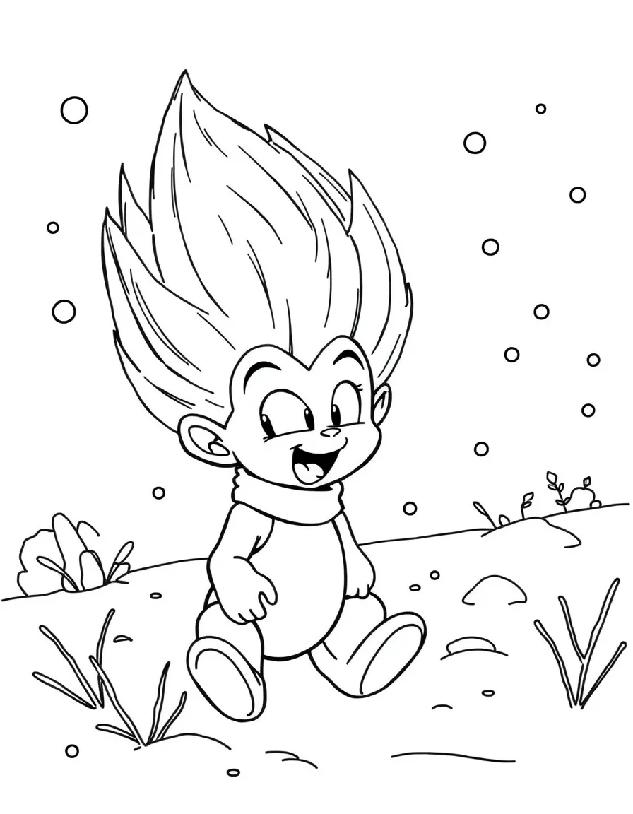 Vegeta playing in the snow, with big bold outlines for easy coloring.