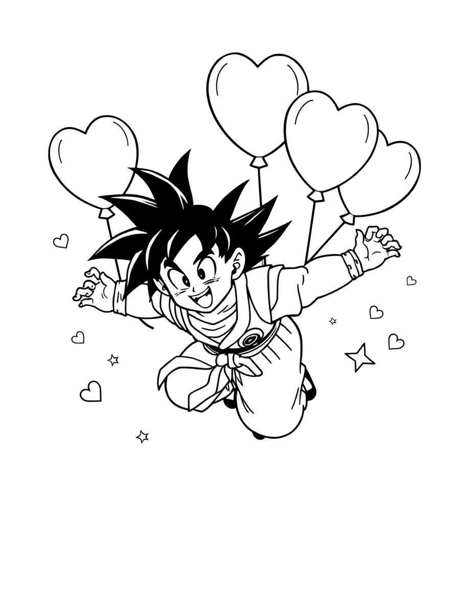Goku flying with balloons, with hearts and sparkles around.