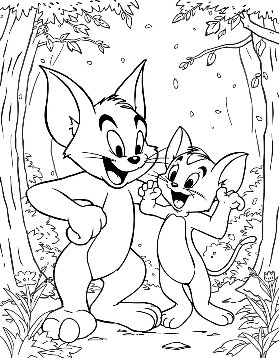 Tom and Jerry posing heroically, in a magical forest setting.