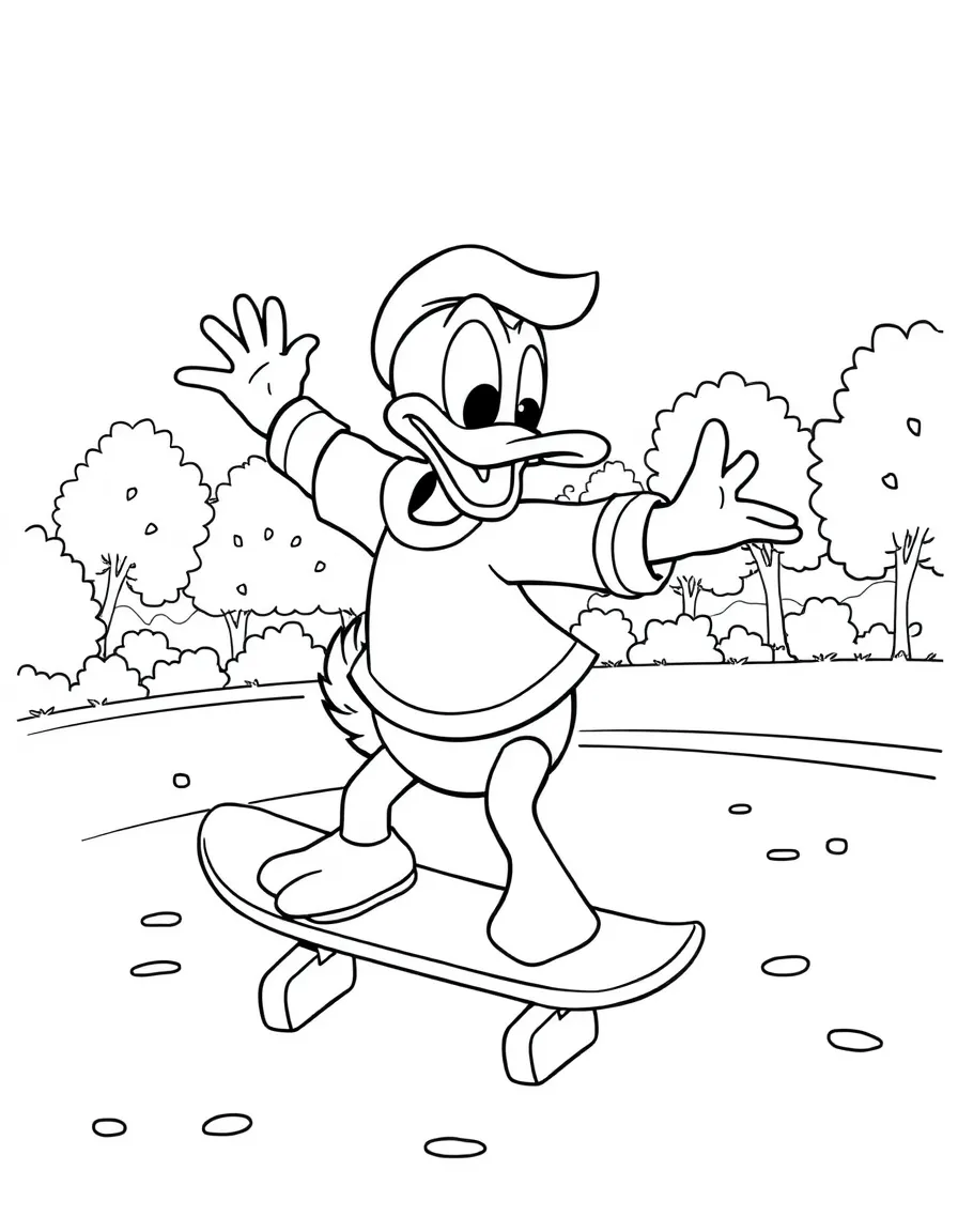 Donald Duck skateboarding in the park, with playful patterns around.
