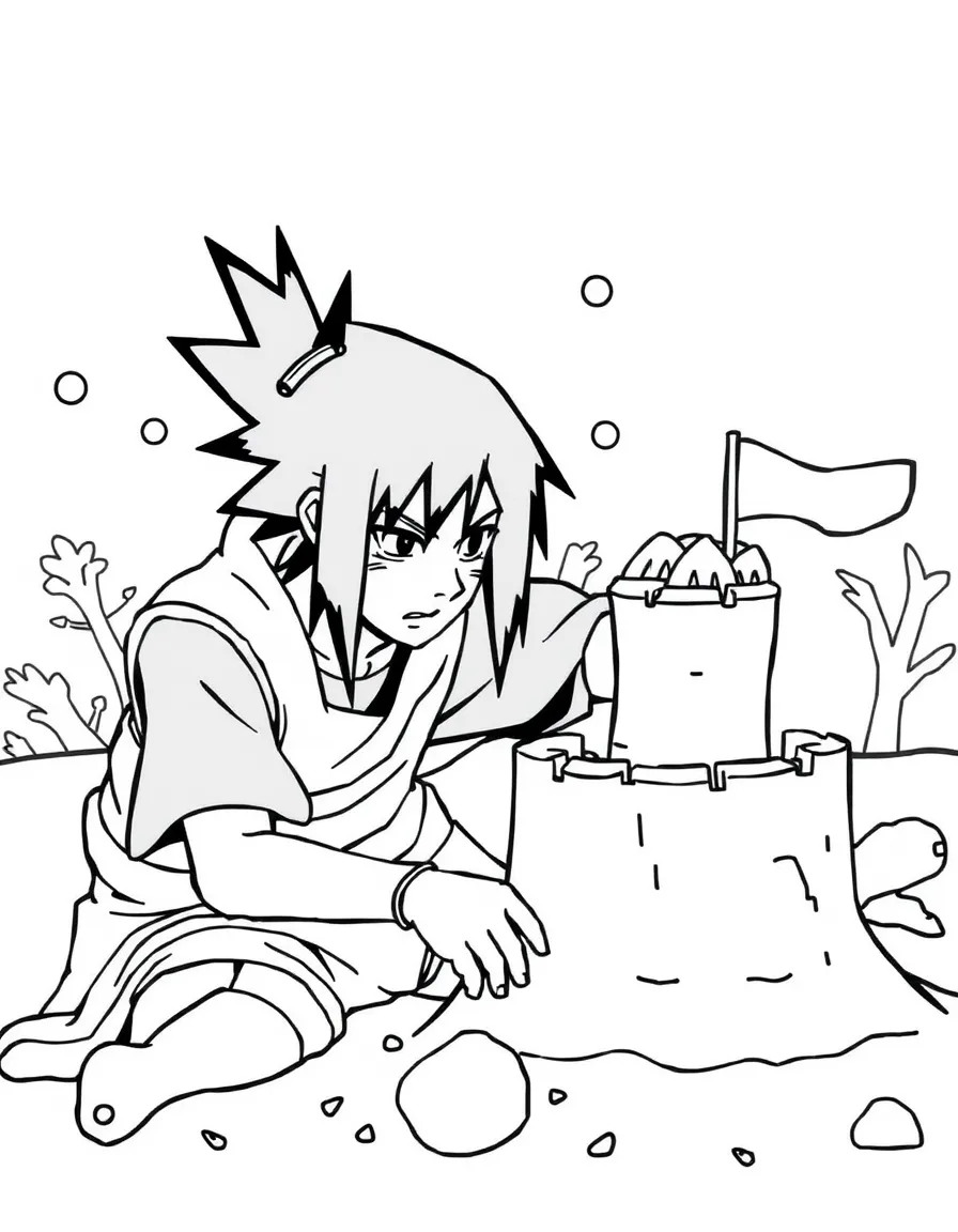 Sasuke building a sandcastle, with fun background elements.