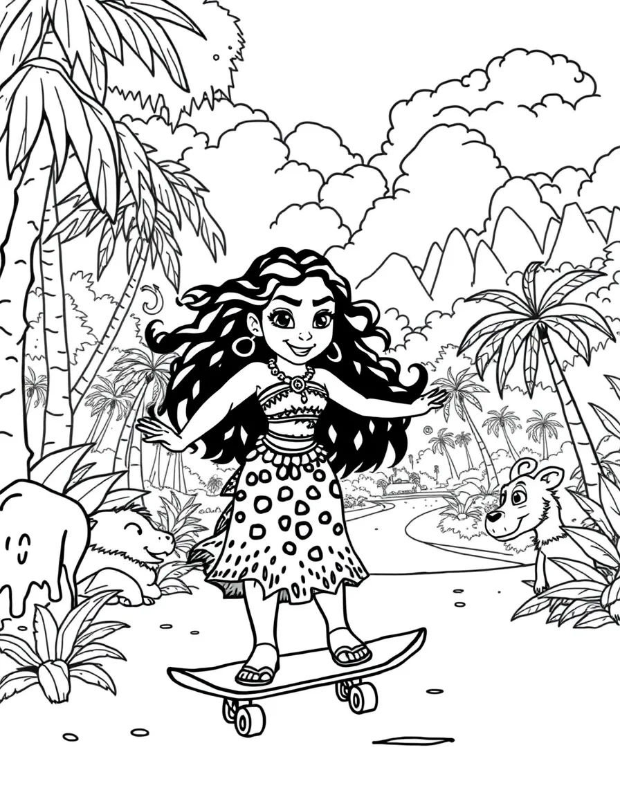 Moana skateboarding in the park, in a magical forest setting.