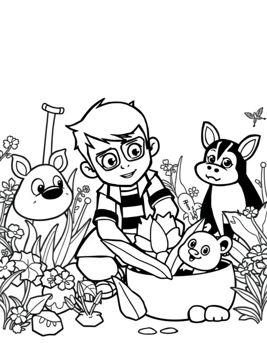 Ben 10 gardening, surrounded by friendly animals.