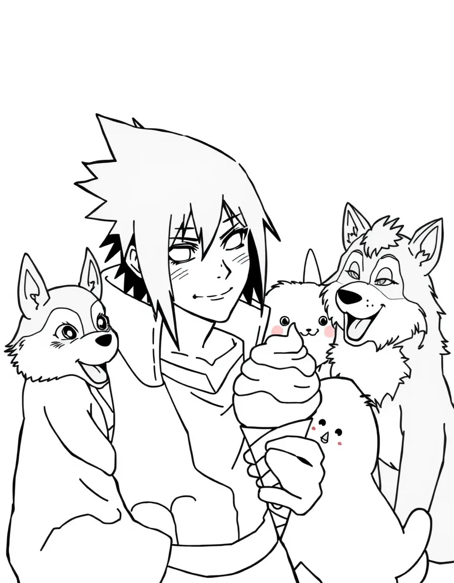 Sasuke enjoying an ice cream cone, surrounded by friendly animals.