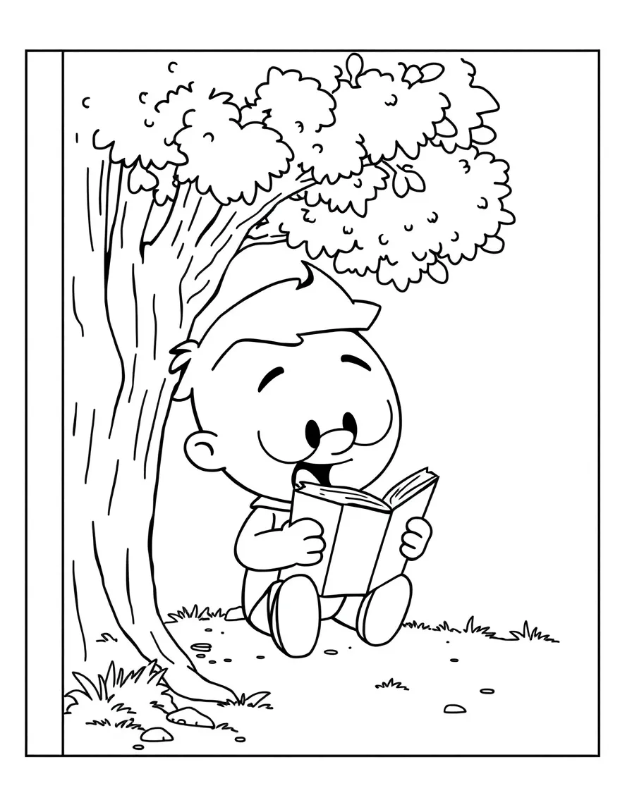 Gumball reading a book under a tree, inside a comic book frame.