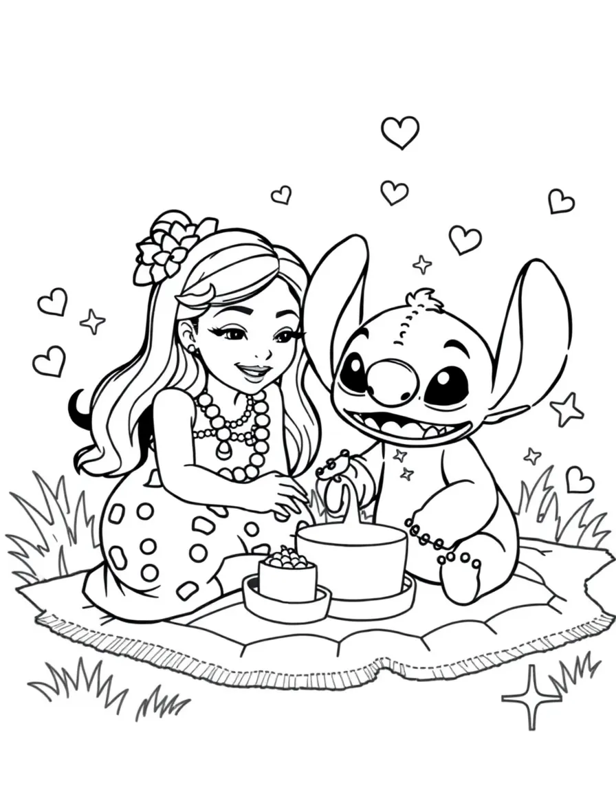 Lilo and Stitch having a picnic, with hearts and sparkles around.