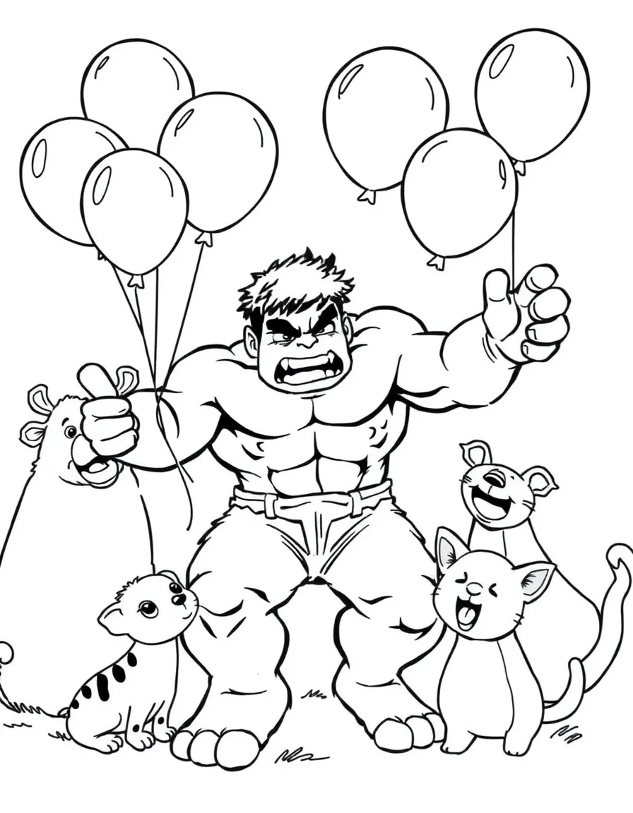 Hulk playing with balloons, surrounded by friendly animals.