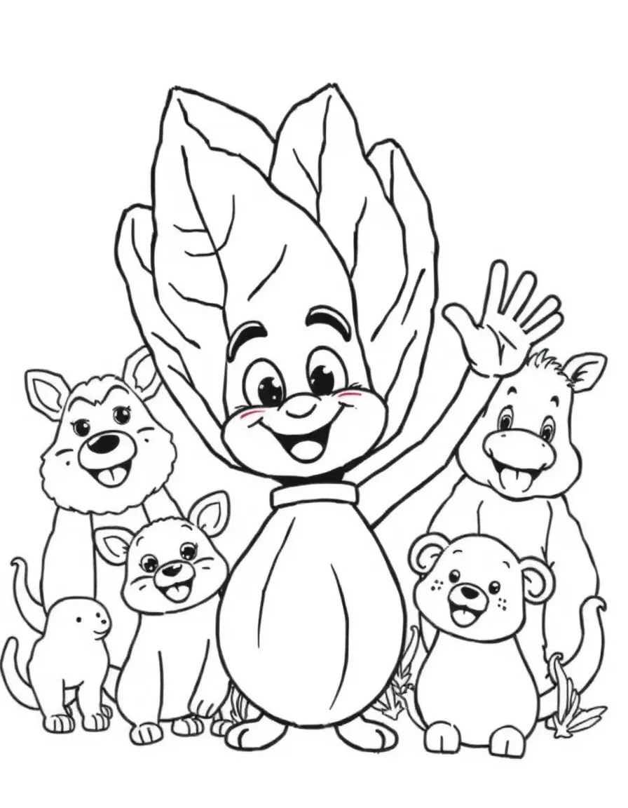 Vegeta waving hello, surrounded by friendly animals.